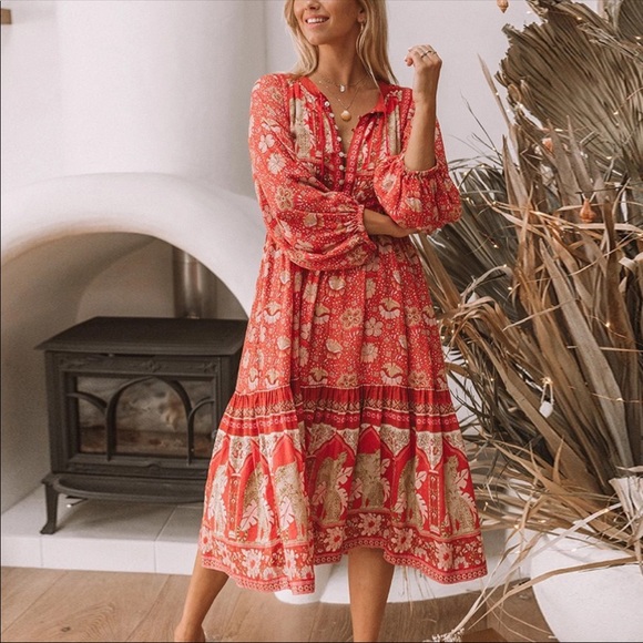 Poinciana Cherry Boho Gypsy Cotton Dress - Picture 7 of 8